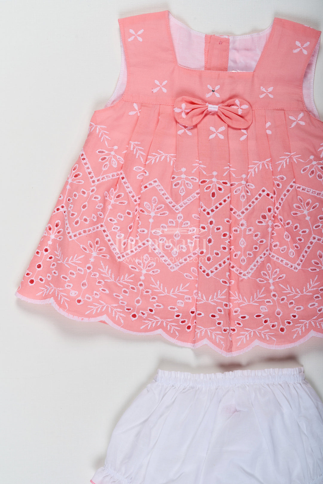 The Nesavu Baby Cotton Frocks Bridal Frock for Reception in Peach Pink with Lucknowi Embroidery and Matching Bloomers Nesavu Nesavu Bridal Frock Reception Peach Pink Cotton Lucknowi Embroidery