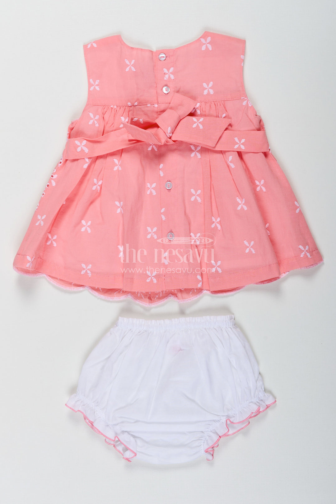 The Nesavu Baby Cotton Frocks Bridal Frock for Reception in Peach Pink with Lucknowi Embroidery and Matching Bloomers Nesavu Nesavu Bridal Frock Reception Peach Pink Cotton Lucknowi Embroidery