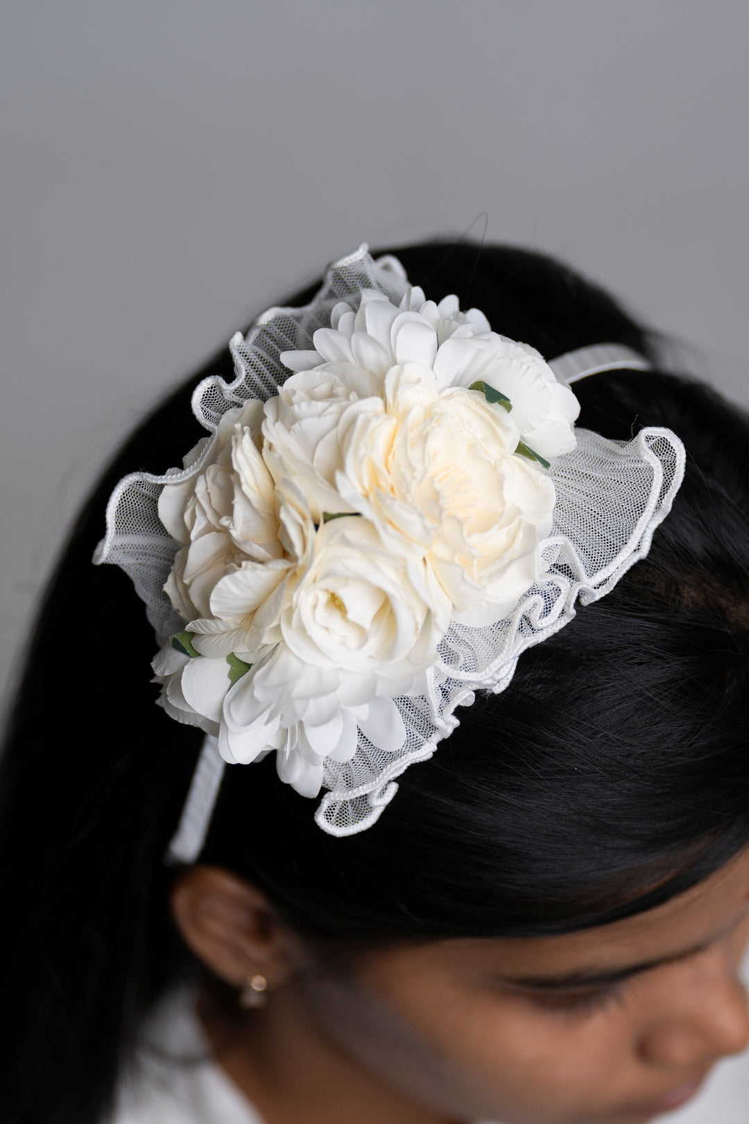 The Nesavu Hair Band Bridal Ivory Floral Hairpiece with Delicate Lace Accents Nesavu Half white JHB81A Elegant Ivory Lace Floral Bridal Hairpiece | Timeless Wedding Accessory | The Nesavu