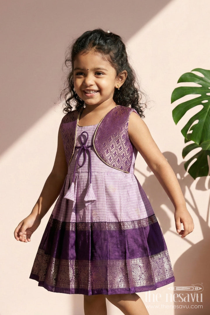 The Nesavu Girls Kanchi Silk Frock Bridal Silk Frock for Toddler Girls with Designer Kanchivaram Saree Inspired Weave Nesavu 10 (NB) / Purple / style 1 KSF016AA-10 Nesavu toddler girl bridal silk frock with designer Kanchivaram saree weave and traditional zari border