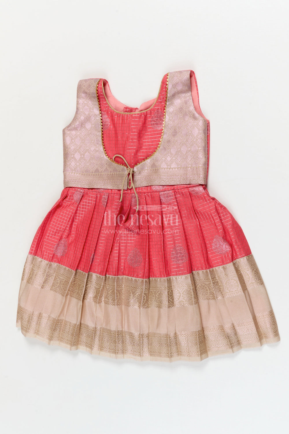 The Nesavu Girls Kanchi Silk Frock Bridal Silk Frock for Toddler Girls with Kanchivaram Saree Inspired Zari Detailing Nesavu 10 (NB) / Orange / style 2 KSF037EB-10 Nesavu toddler girl bridal silk frock with Kanchivaram inspired zari border and jacquard yoke