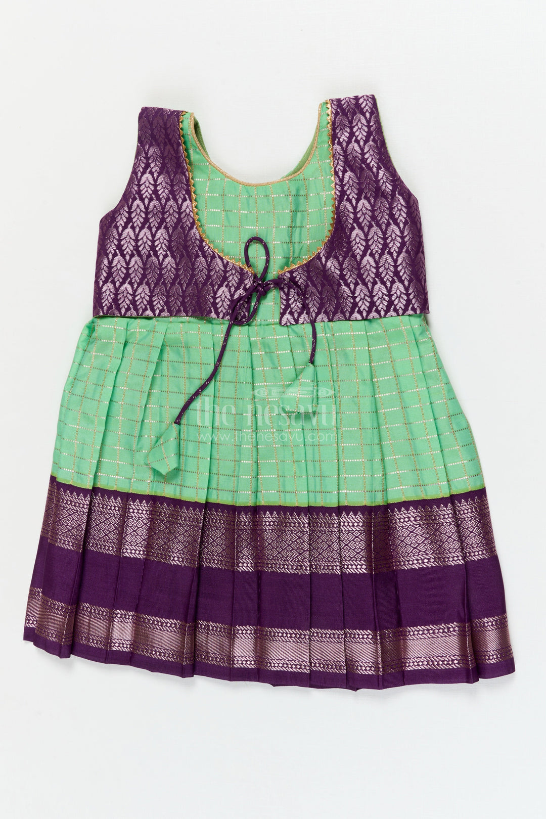 The Nesavu Girls Kanchi Silk Frock Bridal Style Silk Frock for Toddler Girls Inspired by Dharmavaram Sarees Nesavu 10 (NB) / Green / style 1 KSF003AA-10 Nesavu toddler girl silk frock inspired by Dharmavaram bridal sarees with zari woven detailing