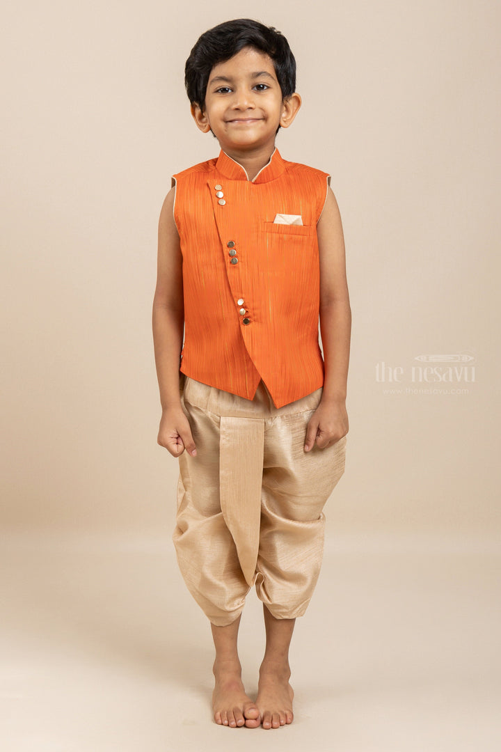 The Nesavu Boys Dothi Set Bright Orange Mandarin Collar Designer Kurta Suit For Baby Boys Nesavu 12 (3M) / Orange / Silk Blend BES162-12 Orange Kurta Dresses For Boys | Party Wear Designer Ideas | The Nesavu
