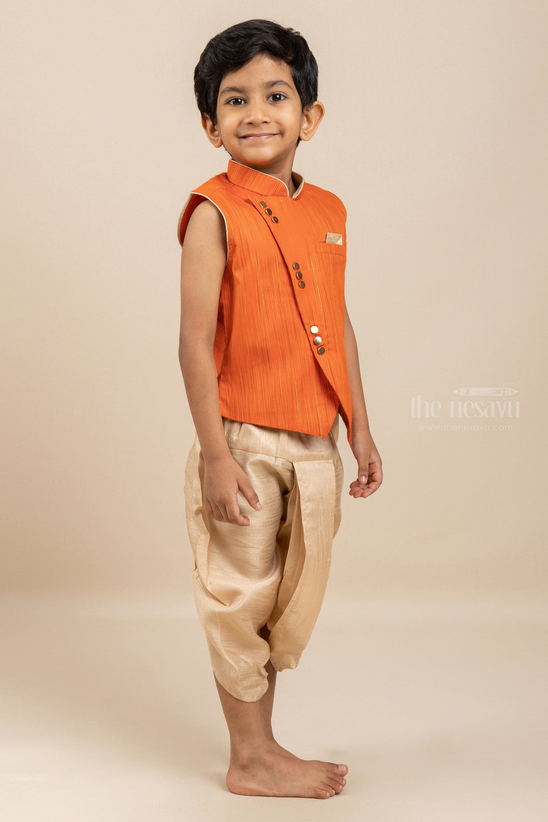 The Nesavu Boys Dothi Set Bright Orange Mandarin Collar Designer Kurta Suit For Baby Boys Nesavu Orange Kurta Dresses For Boys | Party Wear Designer Ideas | The Nesavu