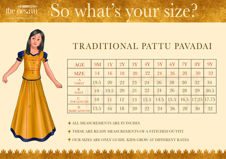 The Nesavu Pattu Pavadai Bright Orange With Green Banarasi Silk Pattu Langa Voni For Girls Nesavu 14 (6M) / Yellow / Silk Blend GPP238-14 Girls Onam Dress Ideas | Girls Traditional Indian Outfit | The Nesavu