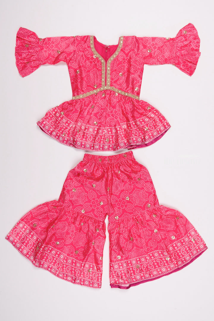 The Nesavu Girls Sharara / Plazo Set Bright Pink Alia Ensemble: Bandhani & Sequin Embroidered Kurti with Gharara - Matching Mom and Daughter Outfits for Stylish Girls Nesavu 16 (1Y) / Pink / Georgette GPS202B-16 Girls Celebration Kurti and Gharara Set | Boutique Girls Kurti Sets | The Nesavu