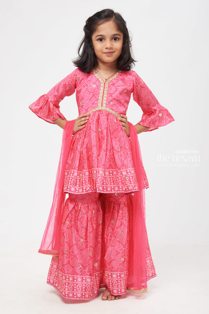 The Nesavu Girls Sharara / Plazo Set Bright Pink Alia Ensemble: Bandhani & Sequin Embroidered Kurti with Gharara - Matching Mom and Daughter Outfits for Stylish Girls Nesavu 16 (1Y) / Pink / Georgette GPS202B-16 Girls Celebration Kurti and Gharara Set | Boutique Girls Kurti Sets | The Nesavu