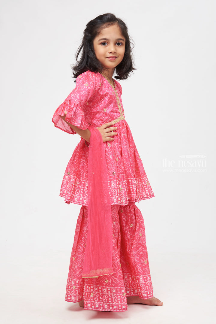 The Nesavu Girls Sharara / Plazo Set Bright Pink Alia Ensemble: Bandhani & Sequin Embroidered Kurti with Gharara - Matching Mom and Daughter Outfits for Stylish Girls Nesavu Girls Celebration Kurti and Gharara Set | Boutique Girls Kurti Sets | The Nesavu