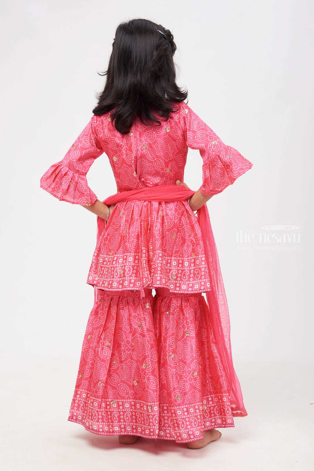 The Nesavu Girls Sharara / Plazo Set Bright Pink Alia Ensemble: Bandhani & Sequin Embroidered Kurti with Gharara - Matching Mom and Daughter Outfits for Stylish Girls Nesavu Girls Celebration Kurti and Gharara Set | Boutique Girls Kurti Sets | The Nesavu