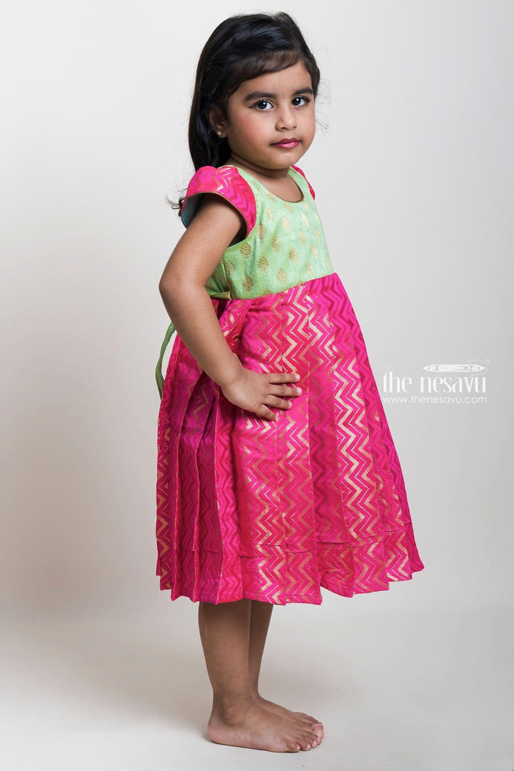 The Nesavu Silk Frock Bright Pink With Green Semi Kanchipuram Banarasi Silk Frock For Baby Girls Nesavu Pink Banarasi Silk Frocks | Stylish Ethics For Infant Baby | The Nesavu