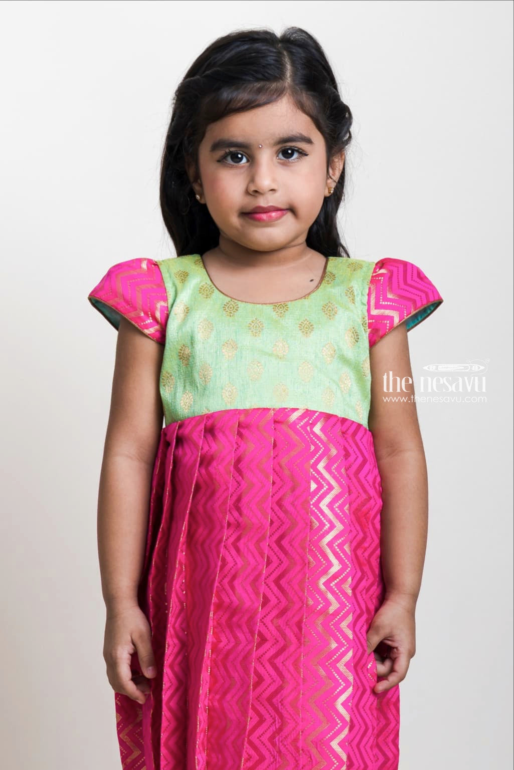 The Nesavu Silk Frock Bright Pink With Green Semi Kanchipuram Banarasi Silk Frock For Baby Girls Nesavu Pink Banarasi Silk Frocks | Stylish Ethics For Infant Baby | The Nesavu