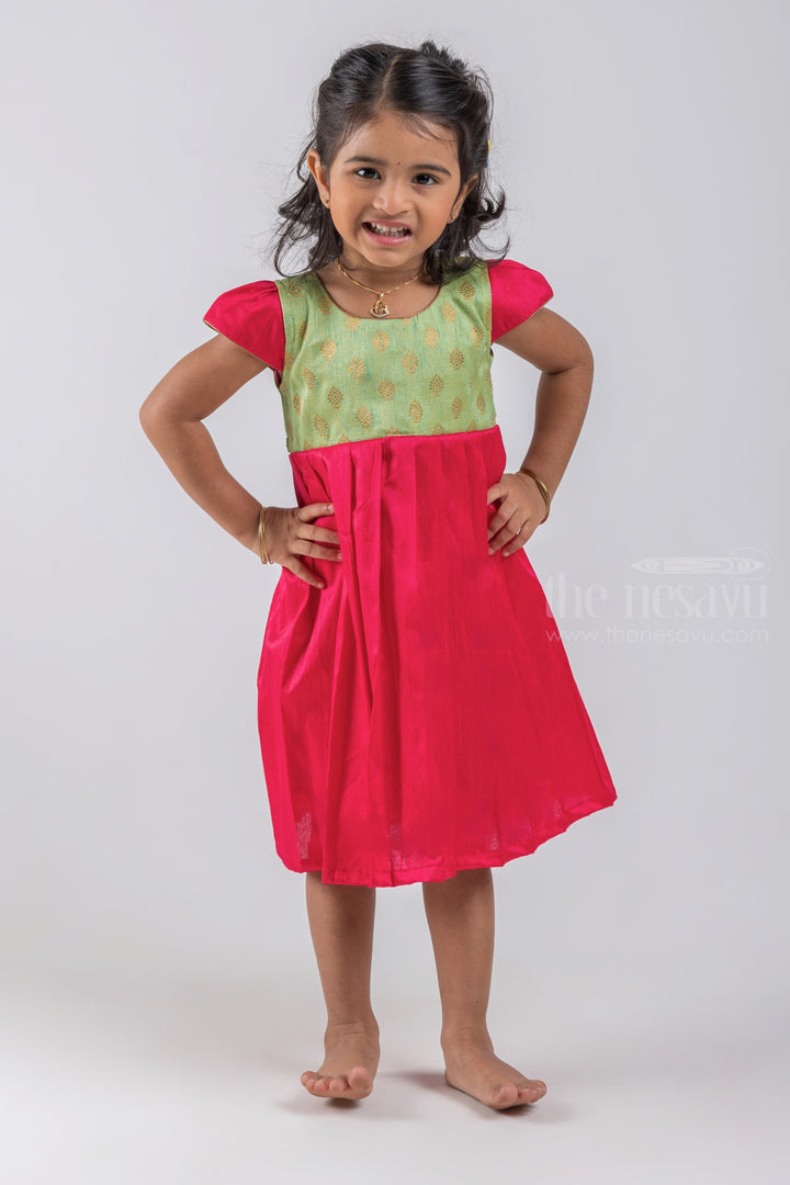 The Nesavu Silk Frock Bright Pink With Light Green Banarasi Printed Silk Cotton Frock For Girls Nesavu 10 (NB) / Pink / Semi Silk SF420B-10 Green Silk Gown Design Ideas | Stylish Indian Wear for Girls Kids | the Nesavu