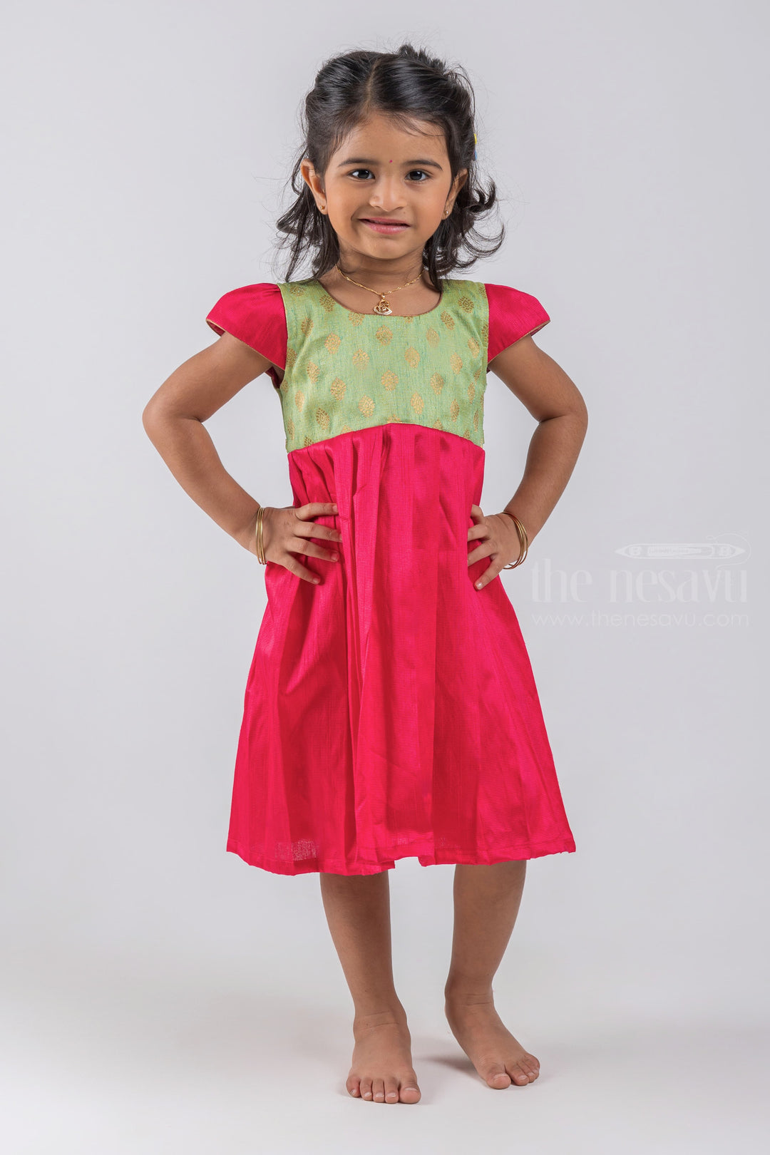 The Nesavu Silk Frock Bright Pink With Light Green Banarasi Printed Silk Cotton Frock For Girls Nesavu Green Silk Gown Design Ideas | Stylish Indian Wear for Girls Kids | the Nesavu