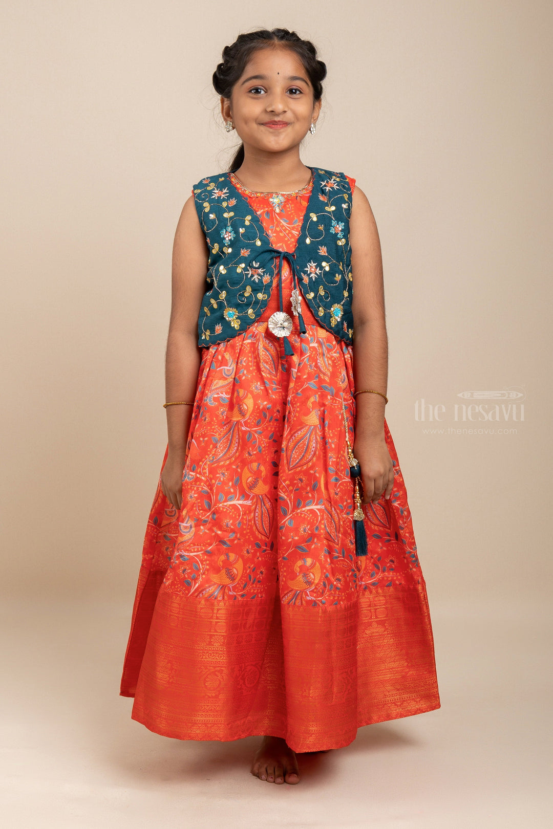 The Nesavu Silk Gown Bright Red Silk Cotton Ethnic Festive Wear For Baby Girls With Embroidery Over Coat Nesavu 16 (1Y) / Salmon / Silk Blend GA120A-16 Bright Red Silk Kalamkari Frocks | Latest Embroidery Over Coat For Girls | The Nesavu