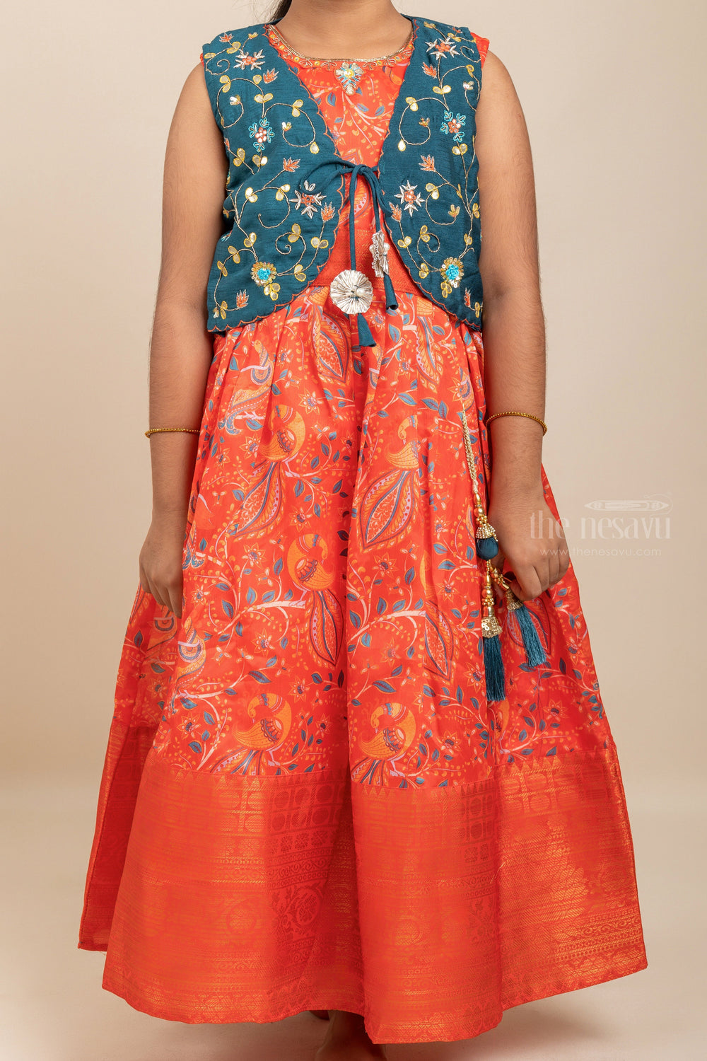 The Nesavu Silk Gown Bright Red Silk Cotton Ethnic Festive Wear For Baby Girls With Embroidery Over Coat Nesavu Bright Red Silk Kalamkari Frocks | Latest Embroidery Over Coat For Girls | The Nesavu