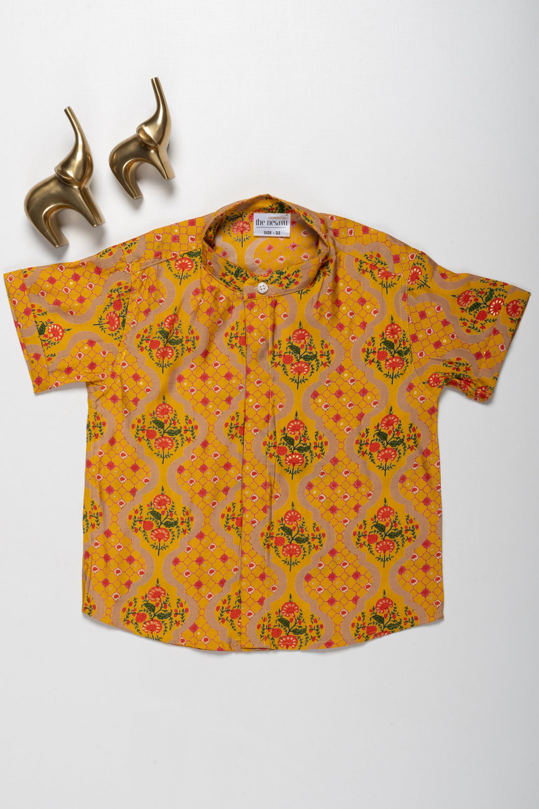 The Nesavu Boys Cotton Shirt Bright Yellow Boys Chanderi Shirt with Traditional Floral Print Nesavu 16 (1Y) / Yellow / Chanderi BS157B-16 Bright Yellow Boys Chanderi Shirt with Traditional Floral Print | Festive Wear | The Nesavu