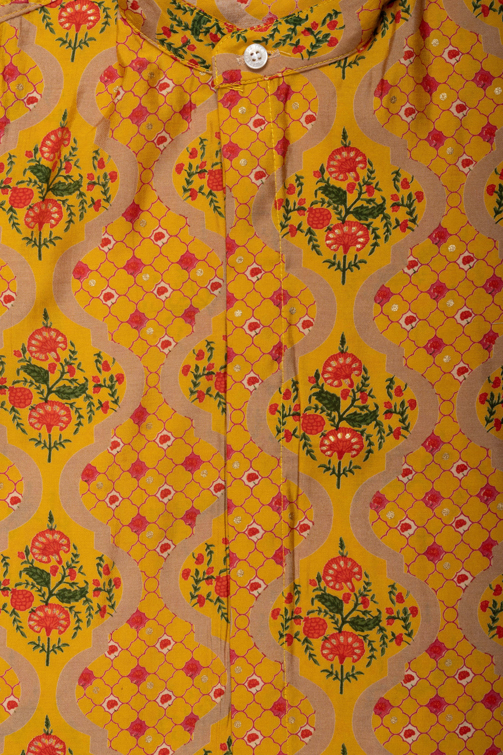 The Nesavu Boys Cotton Shirt Bright Yellow Boys Chanderi Shirt with Traditional Floral Print Nesavu Bright Yellow Boys Chanderi Shirt with Traditional Floral Print | Festive Wear | The Nesavu