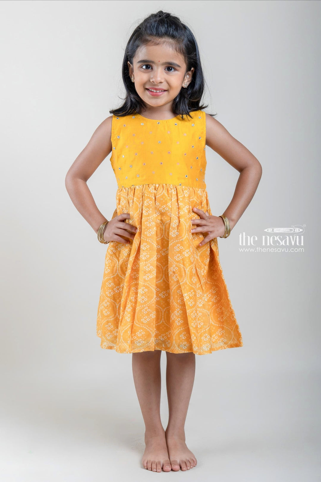 The Nesavu Girls Fancy Frock Bright Yellow Chanderi Silk Cotton Dresses For Baby Girls Nesavu 14 (6M) / Yellow / Chanderi GFC941A-14 Silk Cotton Festive Wear Dresses For Girls | Sleeveless Designer Wear Ideas | The Nesavu