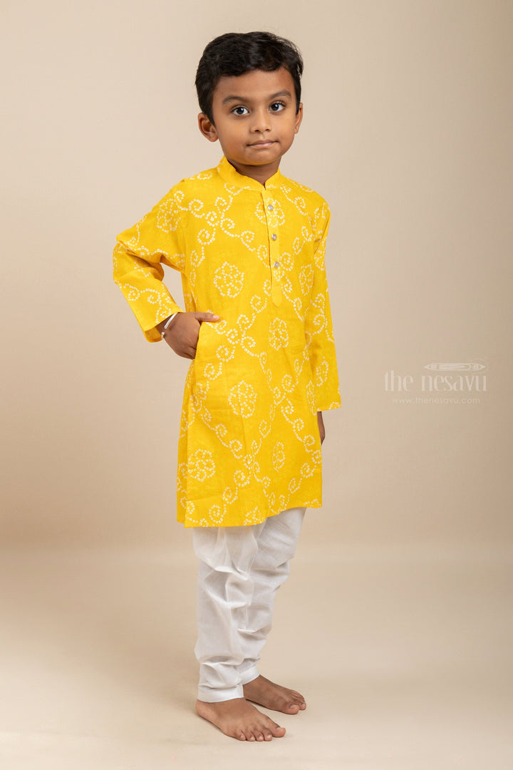 The Nesavu Boys Jacket Sets Bright Yellow Cotton Kurta Dresses For Boys With Pants Nesavu Yellow Designer Party Wear Dresses | Mandarin Collar Ideas | The Nesavu