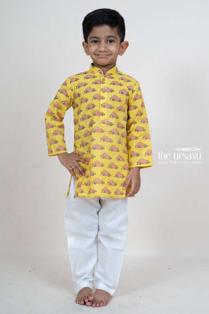 The Nesavu Boys Kurtha Set Bright Yellow Party Wear Printed Kurta Suit For Baby Boys Nesavu 12 (3M) / Yellow / Cotton BES209C-12 Cotton Printed Kurta Suit For Boys Online | Traditional Indian Ethnics | The Nesavu