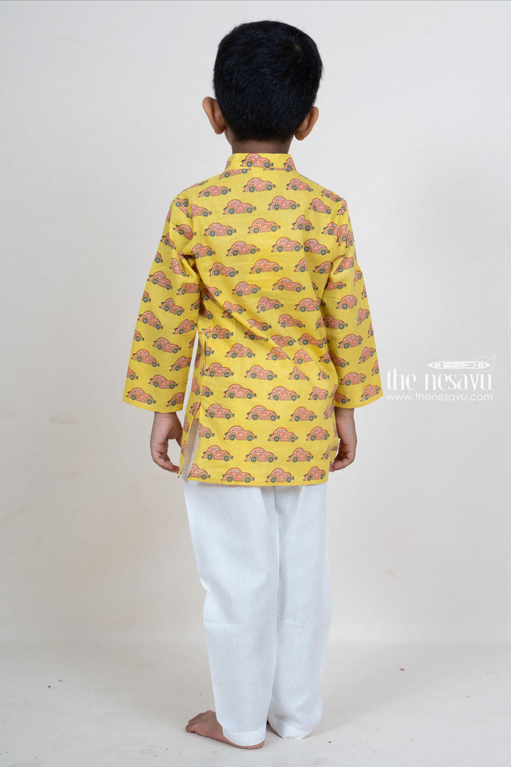 The Nesavu Boys Kurtha Set Bright Yellow Party Wear Printed Kurta Suit For Baby Boys Nesavu Cotton Printed Kurta Suit For Boys Online | Traditional Indian Ethnics | The Nesavu