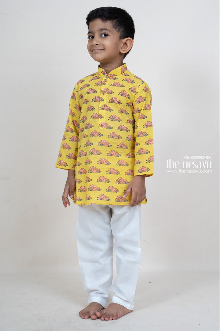 The Nesavu Boys Kurtha Set Bright Yellow Party Wear Printed Kurta Suit For Baby Boys Nesavu Cotton Printed Kurta Suit For Boys Online | Traditional Indian Ethnics | The Nesavu