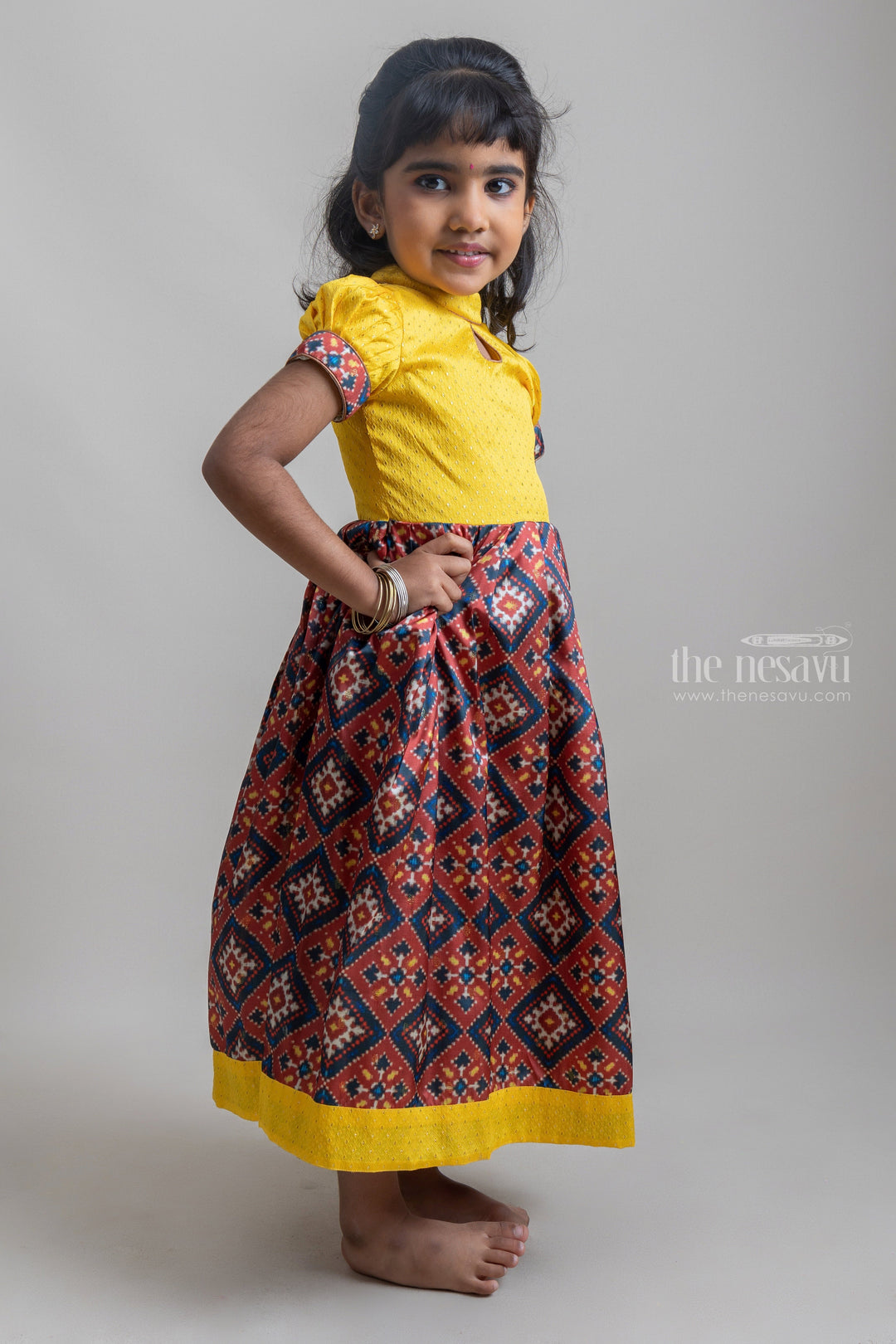 The Nesavu Silk Gown Bright Yellow Semi Silk Patola Printed Anarkali With Closed Neck Nesavu Buy latest Silk Cotton Anarkali dresses for baby girls online | The Nesavu