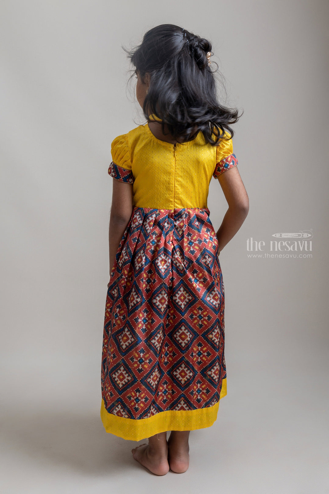 The Nesavu Silk Gown Bright Yellow Semi Silk Patola Printed Anarkali With Closed Neck Nesavu Buy latest Silk Cotton Anarkali dresses for baby girls online | The Nesavu