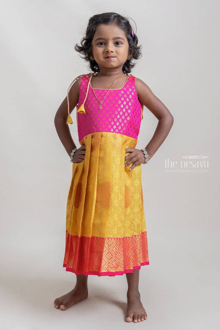 The Nesavu Tie-up Frock Bright Yellow With Pink Semi-Kanchipuram Silk Tie-Up Frock For Baby Girls Nesavu 14 (6M) / Yellow T240B New Born Kids Readymade Ethnic Collection | Diwali Dress Design Ideas | The Nesavu