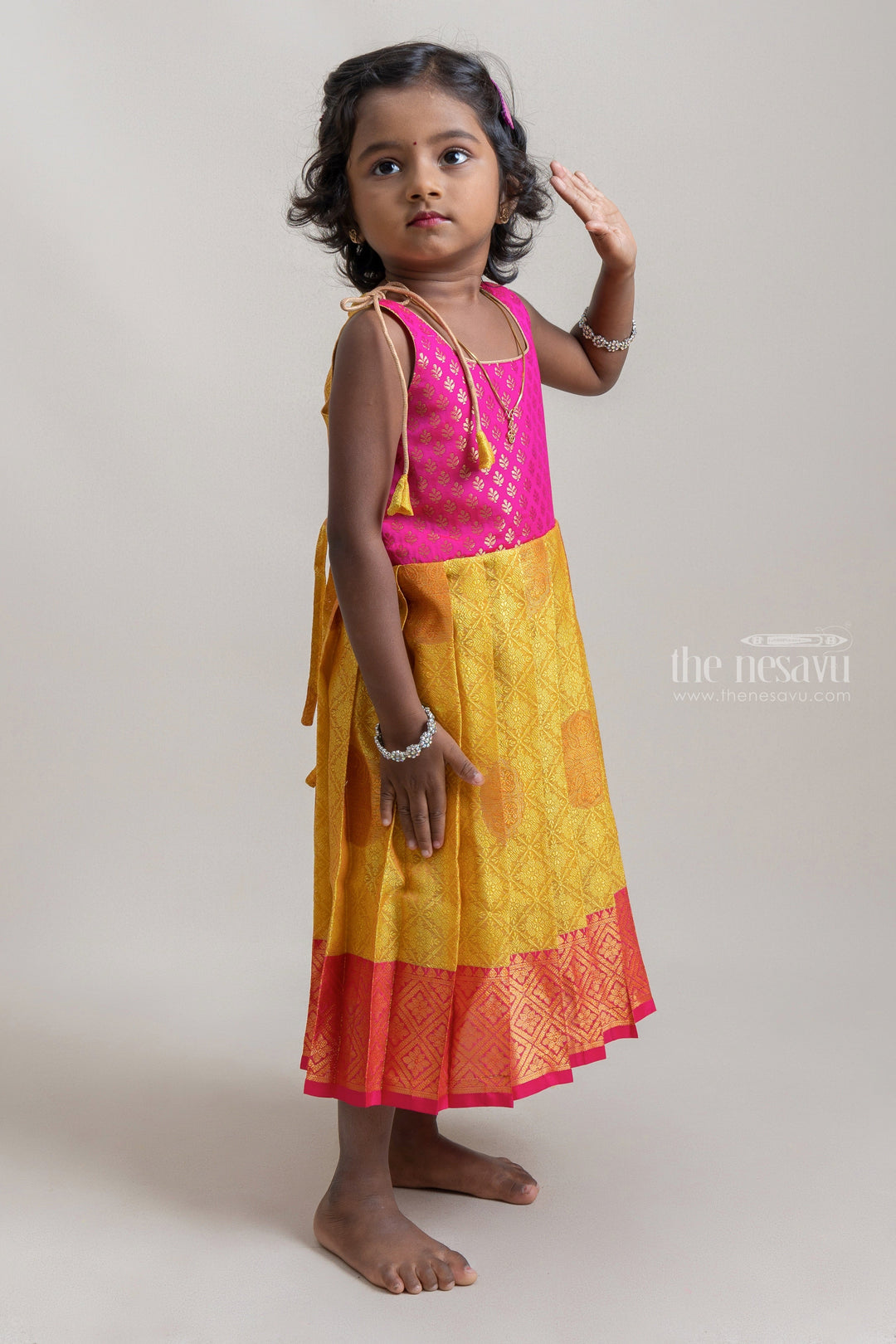 The Nesavu Tie-up Frock Bright Yellow With Pink Semi-Kanchipuram Silk Tie-Up Frock For Baby Girls Nesavu New Born Kids Readymade Ethnic Collection | Diwali Dress Design Ideas | The Nesavu