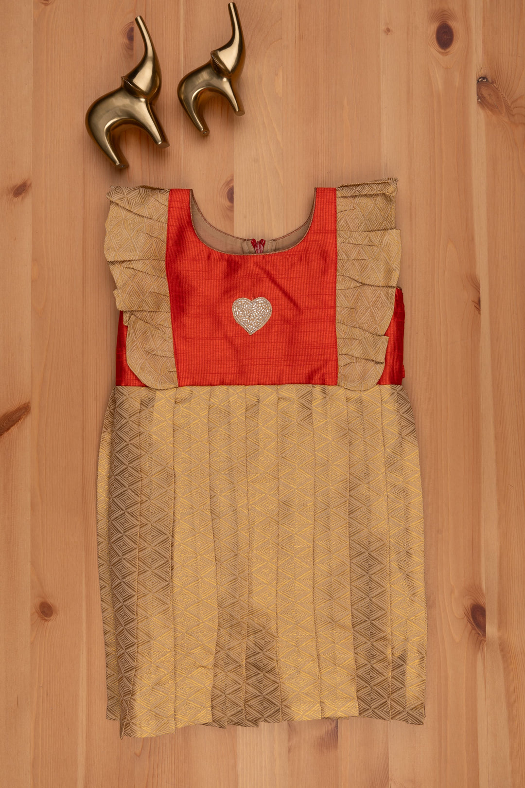 The Nesavu Silk Frock Brocade Designer Reshmi Frock in Beige with Flared Design Yoke Nesavu Silk Designer Frock | Baby Girls Silk Gown | The Nesavu