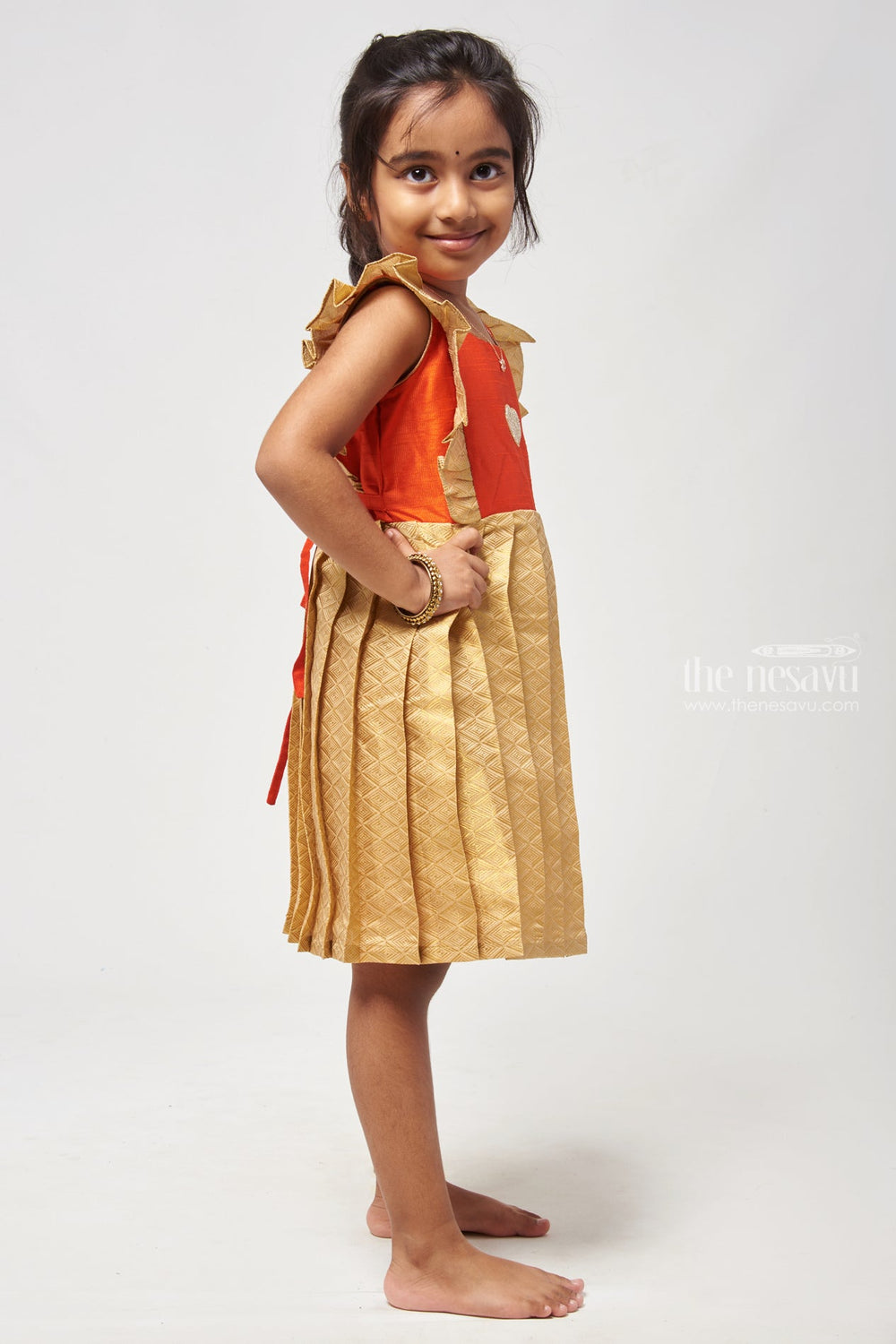 The Nesavu Silk Frock Brocade Designer Reshmi Frock in Beige with Flared Design Yoke Nesavu Silk Designer Frock | Baby Girls Silk Gown | The Nesavu