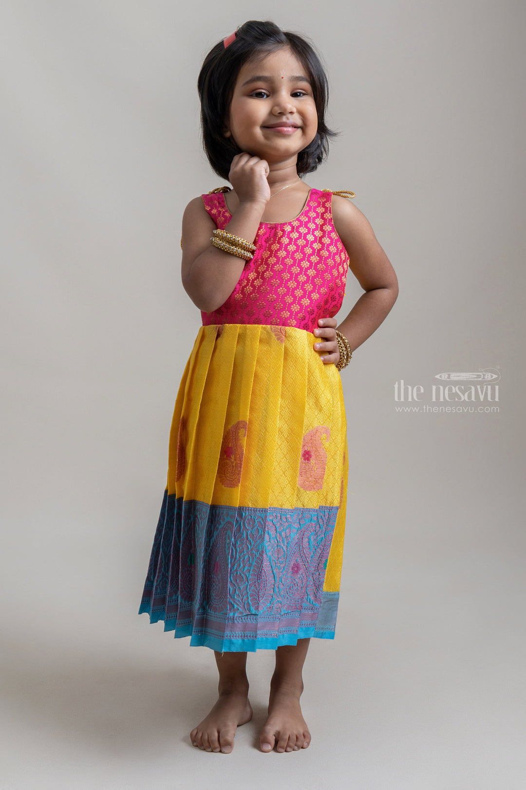 The Nesavu Tie-up Frock Brocade Printed Pink Yoke With Yellow Banaras Silk Tie-Up Frocks For Girls Nesavu 16 (1Y) / Yellow T278A Banaras Silk Tie-Up Frocks Collection| Traditional Dresses| The Nesavu