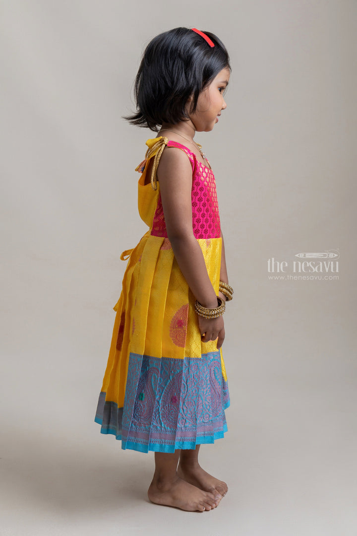 The Nesavu Tie-up Frock Brocade Printed Pink Yoke With Yellow Banaras Silk Tie-Up Frocks For Girls Nesavu Banaras Silk Tie-Up Frocks Collection| Traditional Dresses| The Nesavu