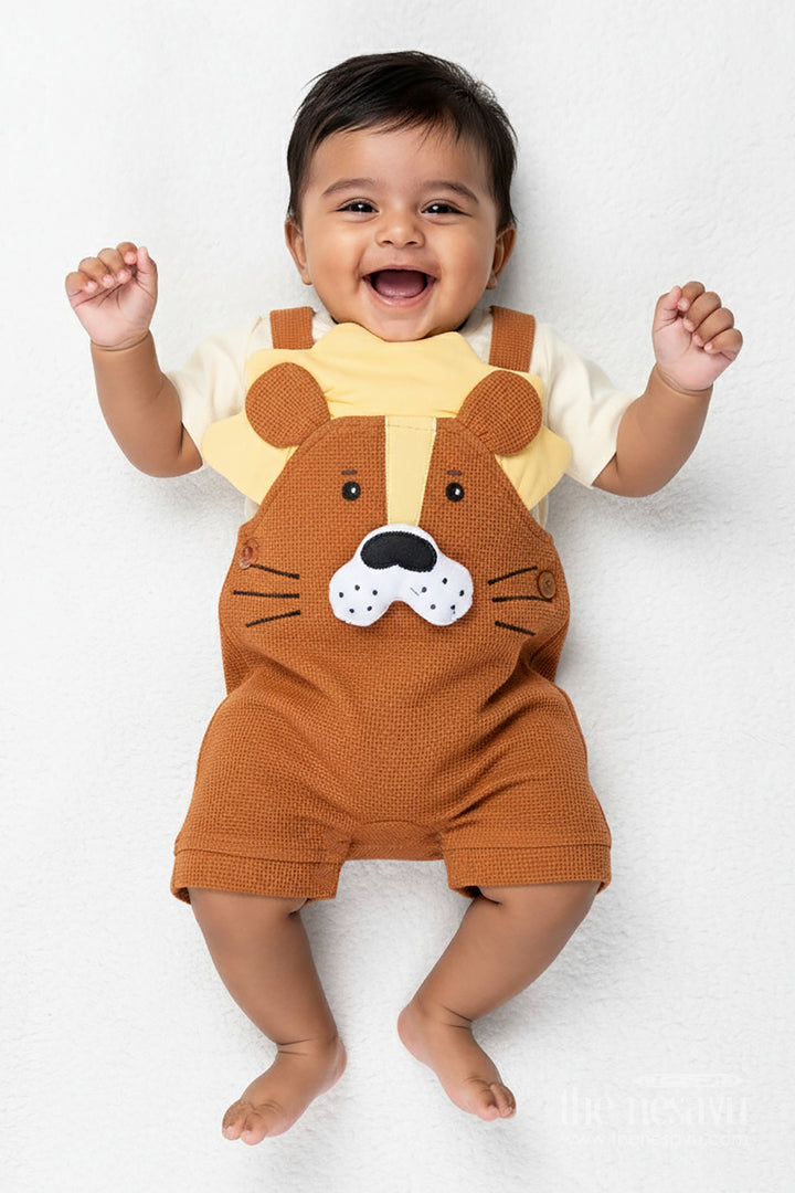The Nesavu Boys Casual Set Brown Birthday Outfit for Boys in Cotton Waffle Knit with Dog Embroidery and Mustard Accent Tee Nesavu 14 (6M) / Brown BCS301A-14 Nesavu Brown Birthday Outfit Boys Cotton Waffle Knit Dog Embroidery Yellow Tee