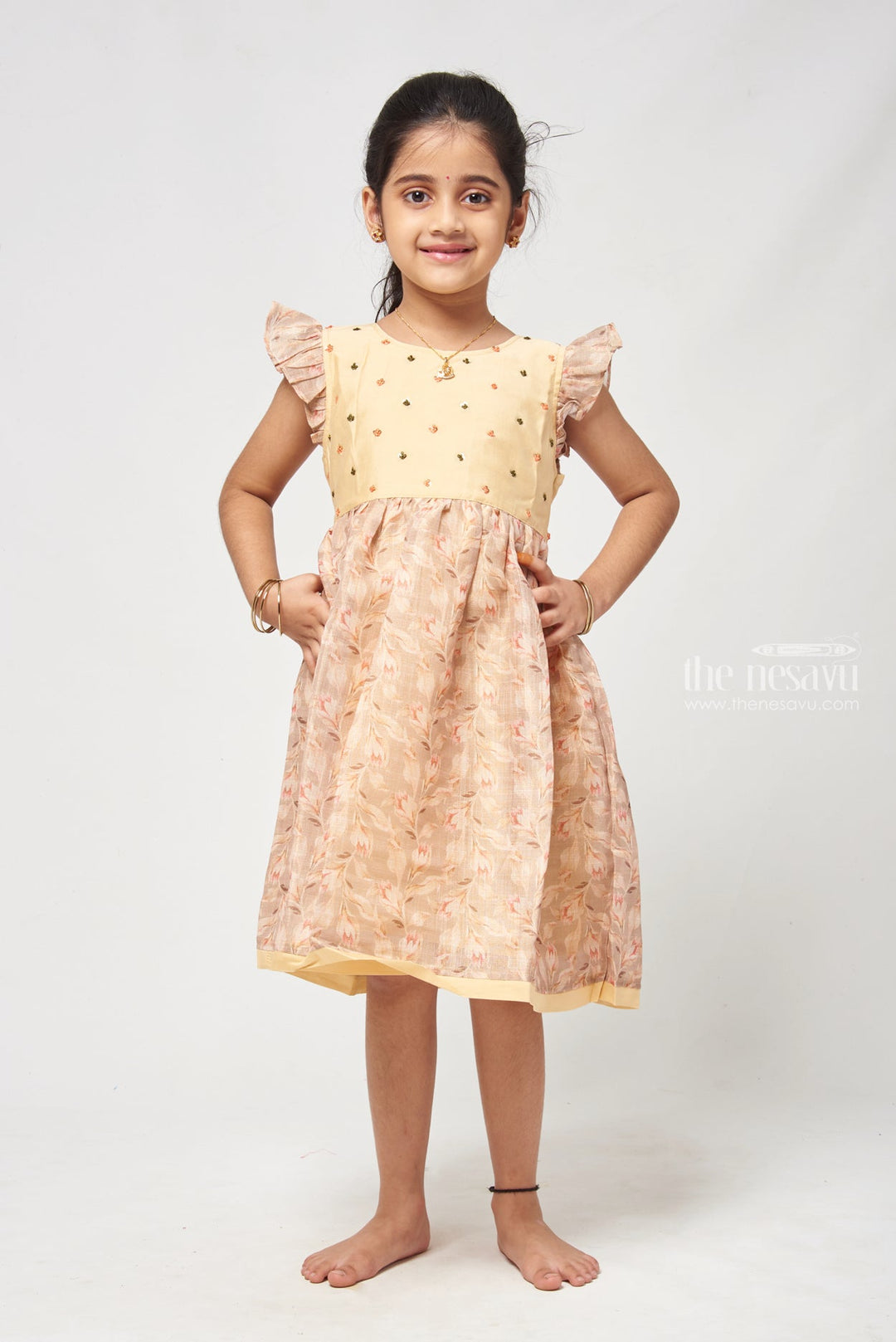 The Nesavu Girls Cotton Frock Brown Chanderi Cotton Frock with Floral Print - Ethnic Girls Attire Nesavu 16 (1Y) / Beige / Chanderi GFC1115A-16 Cotton Frock For Baby Girl | Western Cotton Frocks | The Nesavu