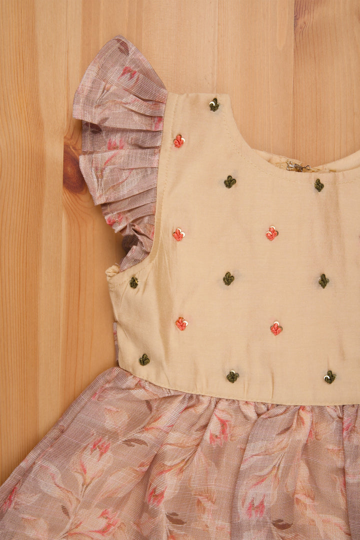 The Nesavu Girls Cotton Frock Brown Chanderi Cotton Frock with Floral Print - Ethnic Girls Attire Nesavu Cotton Frock For Baby Girl | Western Cotton Frocks | The Nesavu