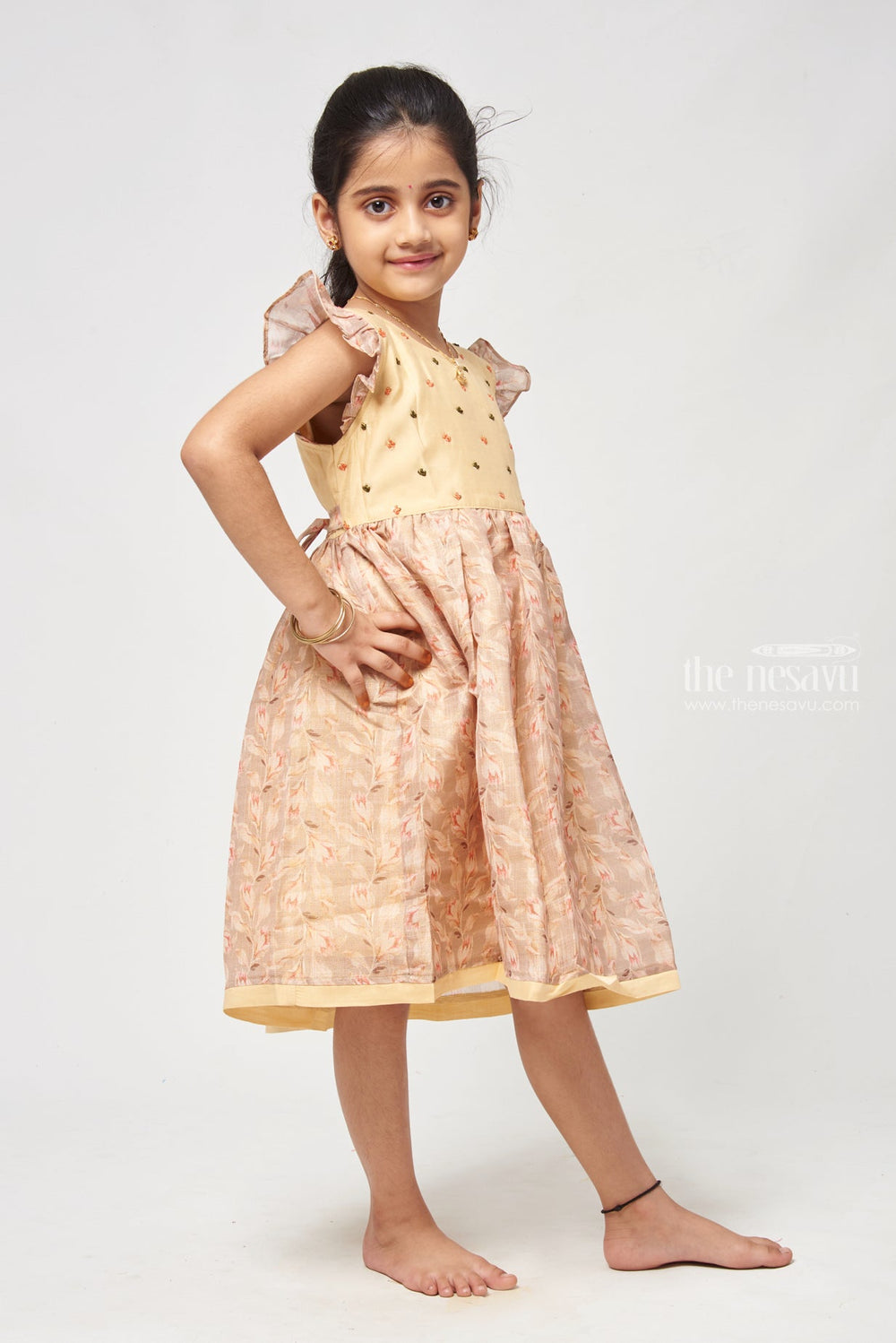 The Nesavu Girls Cotton Frock Brown Chanderi Cotton Frock with Floral Print - Ethnic Girls Attire Nesavu Cotton Frock For Baby Girl | Western Cotton Frocks | The Nesavu