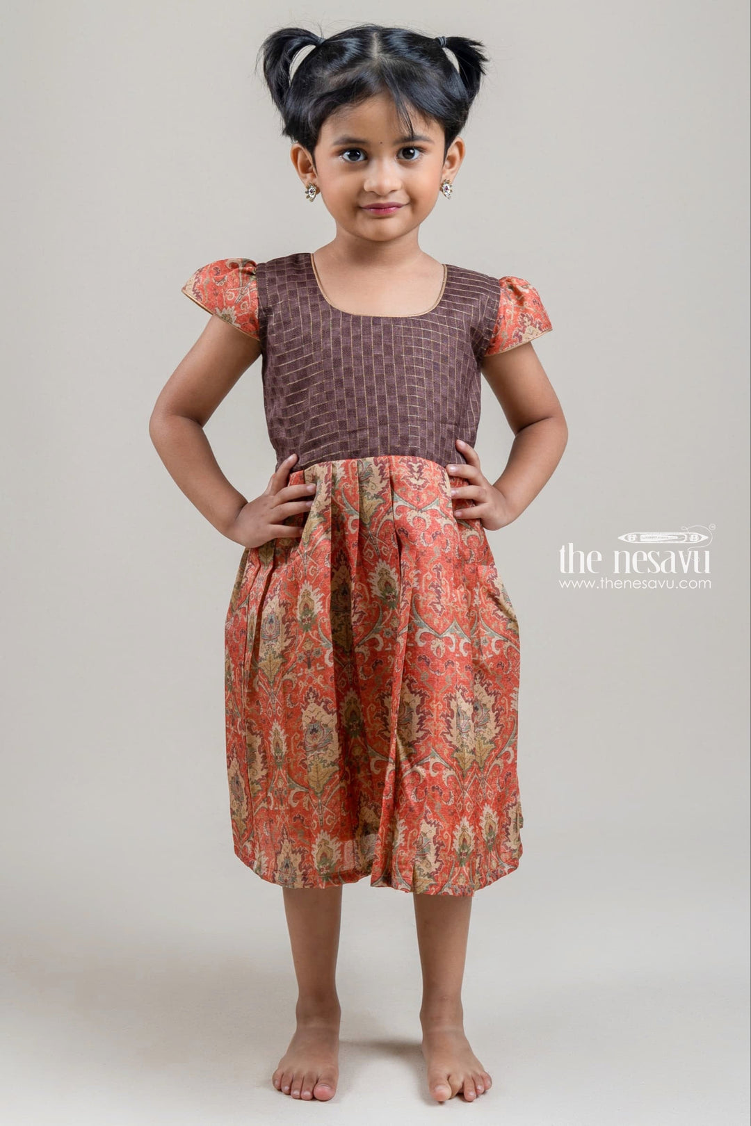 The Nesavu Girls Fancy Frock Brown Checkered Pattern Yoke and Pleated Ikat Printed Silk Cotton Frock for Girls Nesavu 14 (6M) / Salmon / Silk Blend GFC1052A-14 Brown Checkered Pattern Yoke and Pleated Ikat Printed Silk Cotton Frock for Girls | The Nesavu