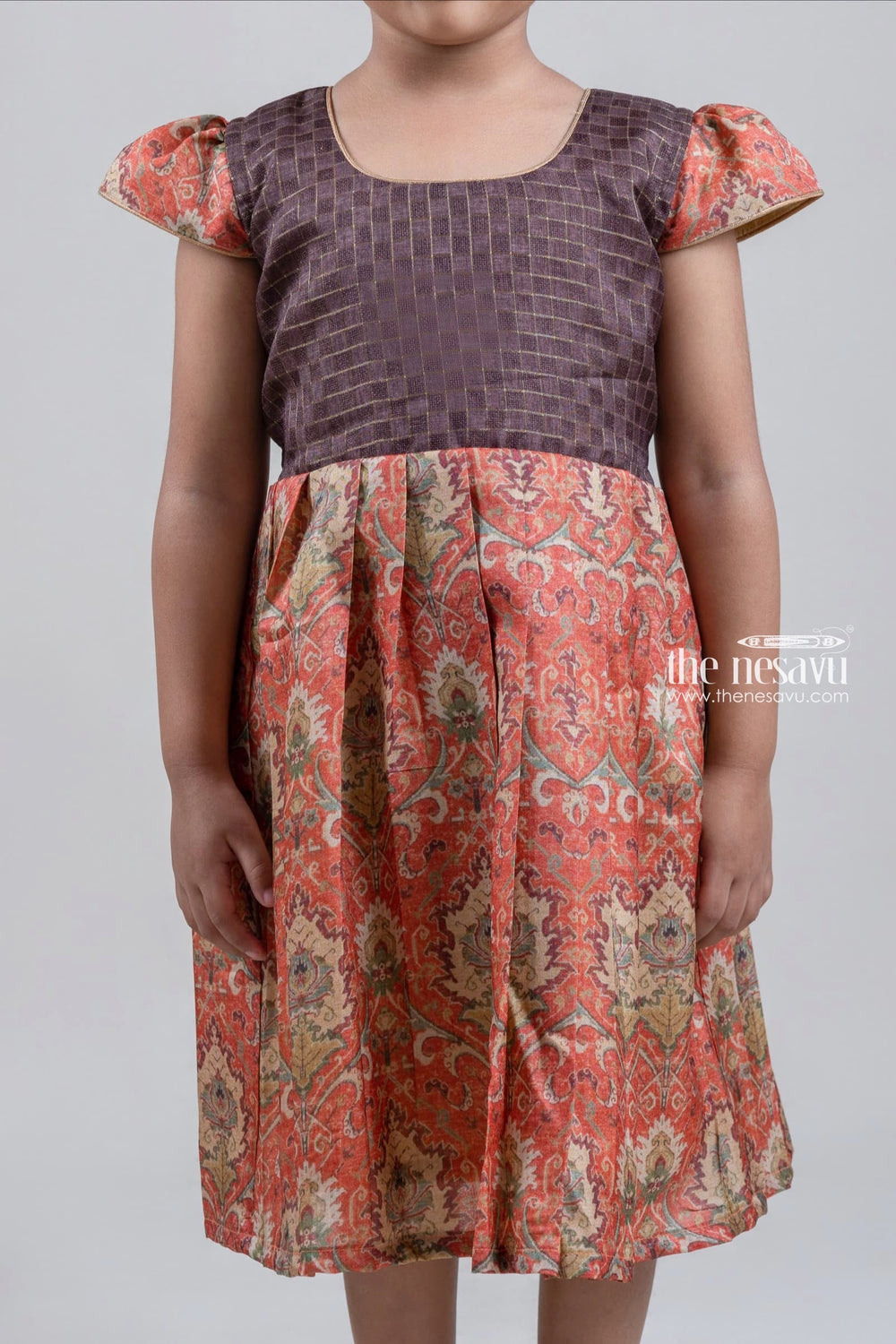 The Nesavu Girls Fancy Frock Brown Checkered Pattern Yoke and Pleated Ikat Printed Silk Cotton Frock for Girls Nesavu Brown Checkered Pattern Yoke and Pleated Ikat Printed Silk Cotton Frock for Girls | The Nesavu