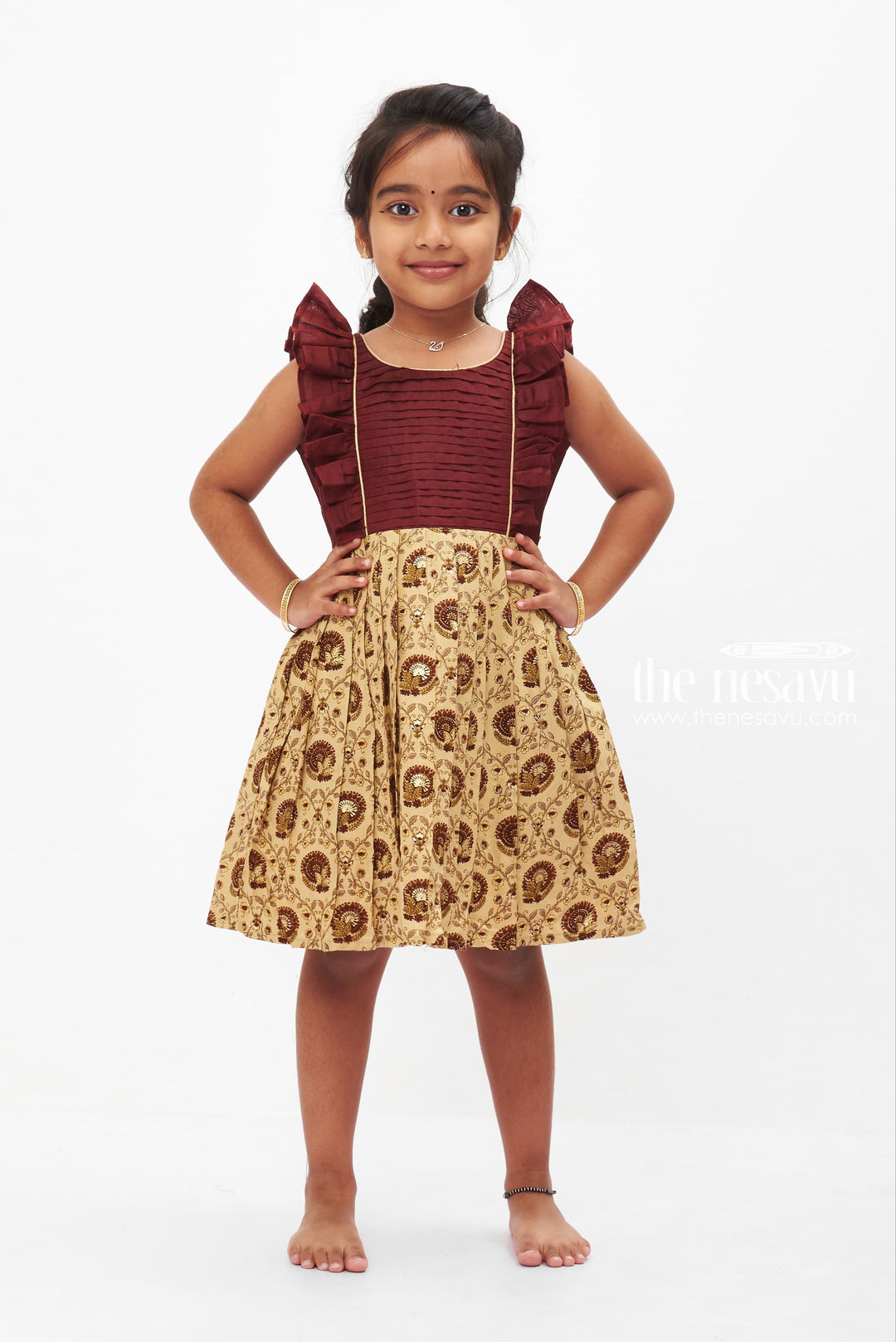 The Nesavu Baby Cotton Frocks Brown Elegance Ruffled Frock with Beige Paisley Print for Babies Nesavu 16 (1Y) / Brown BFJ510D-16 Baby's Brown Cotton Frock with Paisley Print | Little Girls Traditional | The Nesavu