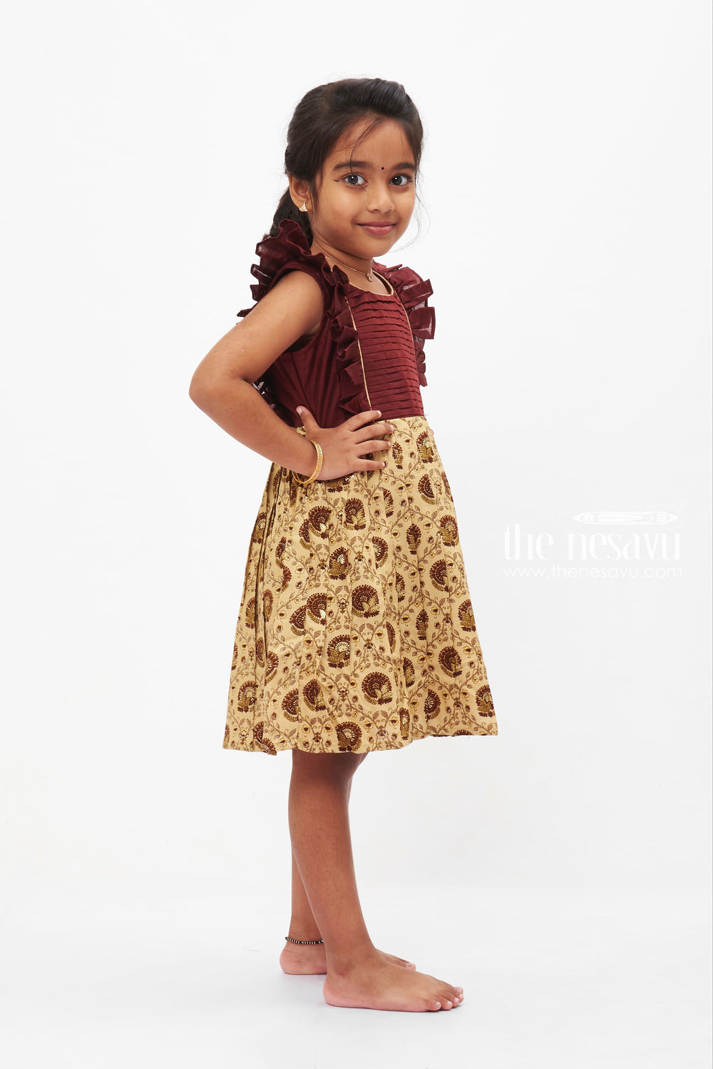 The Nesavu Baby Cotton Frocks Brown Elegance Ruffled Frock with Beige Paisley Print for Babies Nesavu Baby's Brown Cotton Frock with Paisley Print | Little Girls Traditional | The Nesavu