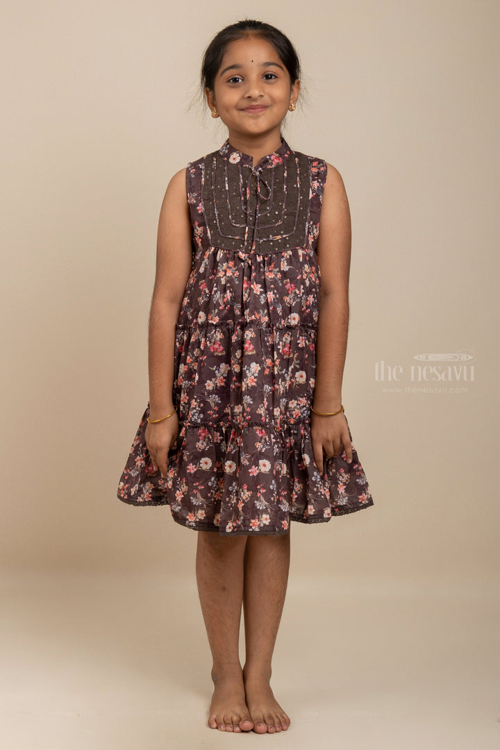 The Nesavu Girls Cotton Frock Brown Floral Designer Collared Frock With Neck Tie For Girls Nesavu 16 (1Y) / Brown / Viscose GFC926B-16 Stylish Collar Cotton Gown For Girls | Designer Wear Pattern Ideas | The Nesavu