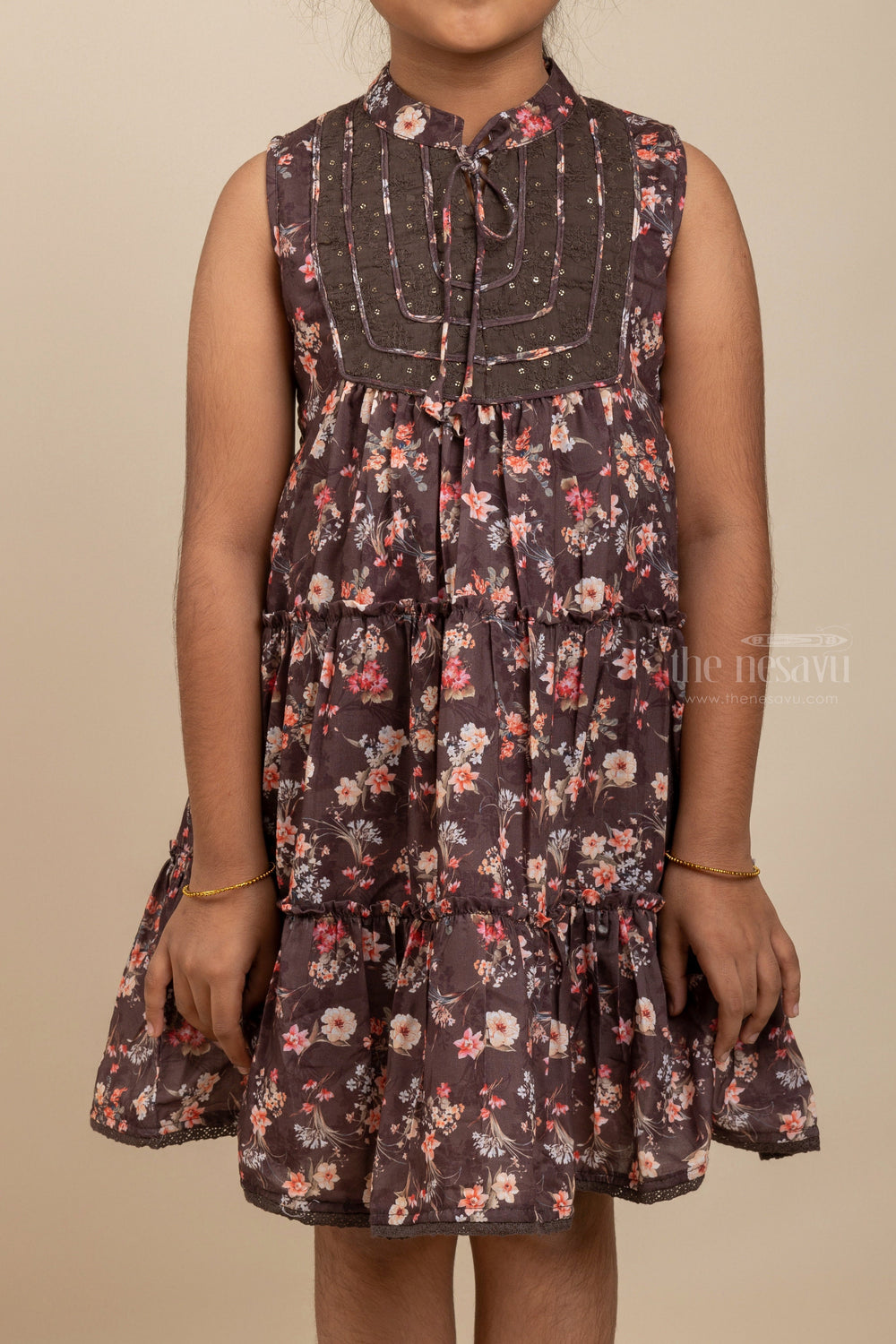The Nesavu Girls Cotton Frock Brown Floral Designer Collared Frock With Neck Tie For Girls Nesavu Stylish Collar Cotton Gown For Girls | Designer Wear Pattern Ideas | The Nesavu