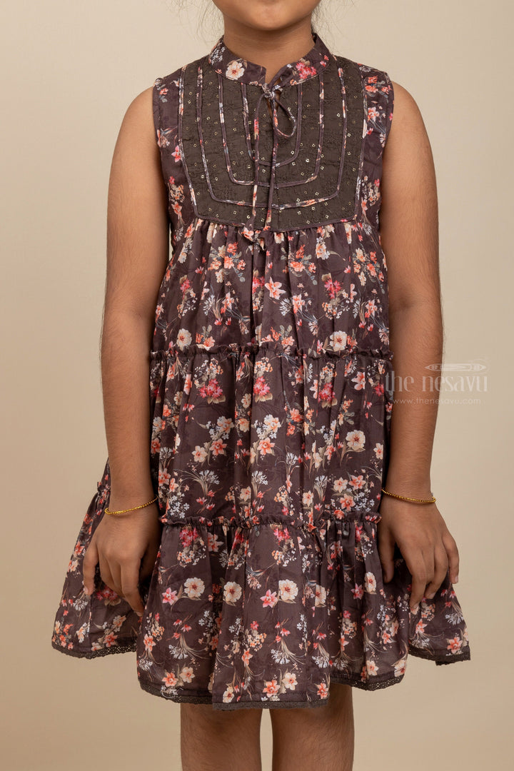 The Nesavu Girls Cotton Frock Brown Floral Designer Collared Frock With Neck Tie For Girls Nesavu Stylish Collar Cotton Gown For Girls | Designer Wear Pattern Ideas | The Nesavu