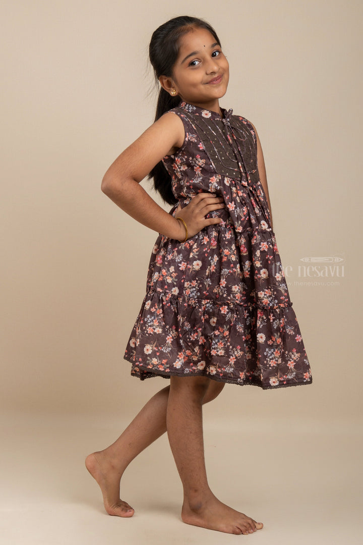 The Nesavu Girls Cotton Frock Brown Floral Designer Collared Frock With Neck Tie For Girls Nesavu Stylish Collar Cotton Gown For Girls | Designer Wear Pattern Ideas | The Nesavu