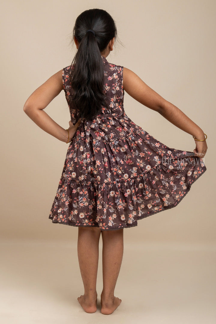 The Nesavu Girls Cotton Frock Brown Floral Designer Collared Frock With Neck Tie For Girls Nesavu Stylish Collar Cotton Gown For Girls | Designer Wear Pattern Ideas | The Nesavu