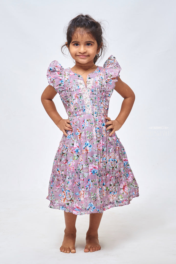 The Nesavu Girls Cotton Frock Brown Floral Fantasy: Printed Cotton Frock for Girls Nesavu 22 (4Y) / Brown / Cotton Blend GFC1129A-22 Baby Girl Frock Cotton | Printed Cotton Frock for Girls | the Nesavu