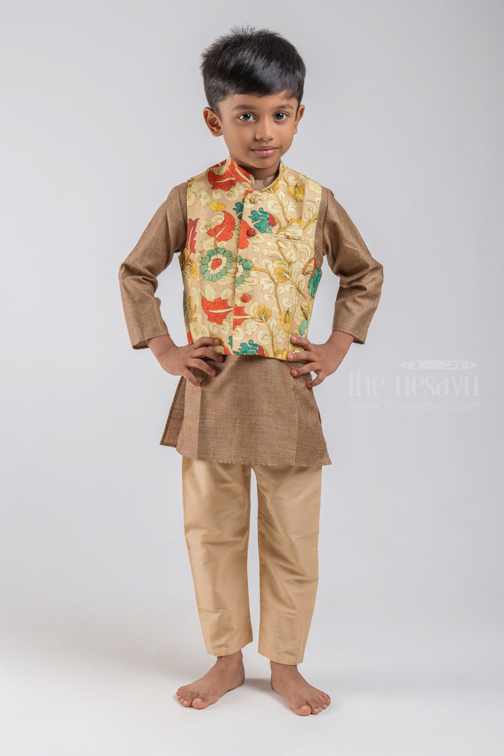 The Nesavu Boys Jacket Sets Brown Handloom Cotton Kurta N Pure Silk Kalamkari Printed Jacket For Boys psr silks Nesavu 16 (1Y) / Brown BES084B