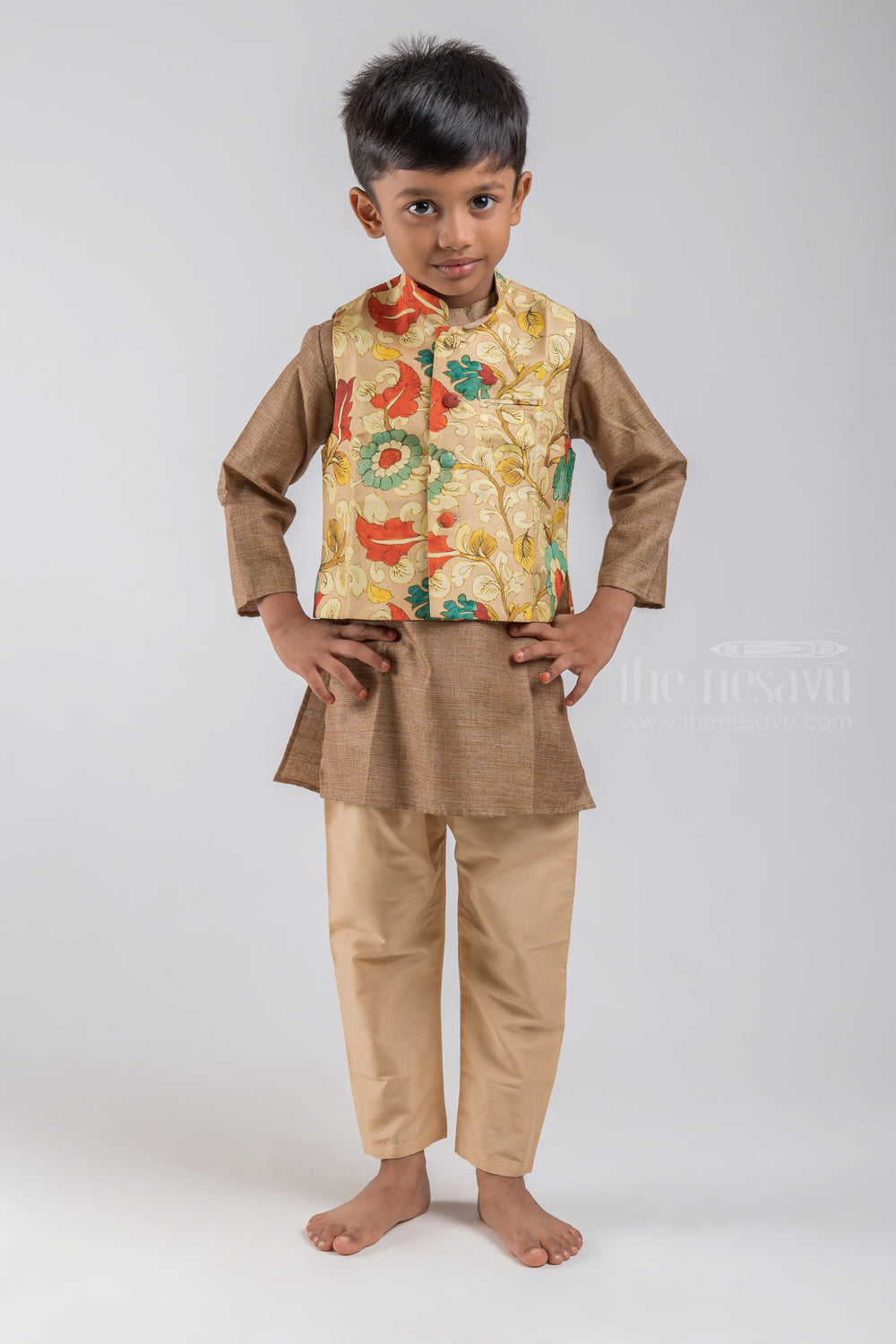 The Nesavu Boys Jacket Sets Brown Handloom Cotton Kurta N Pure Silk Kalamkari Printed Jacket For Boys psr silks Nesavu